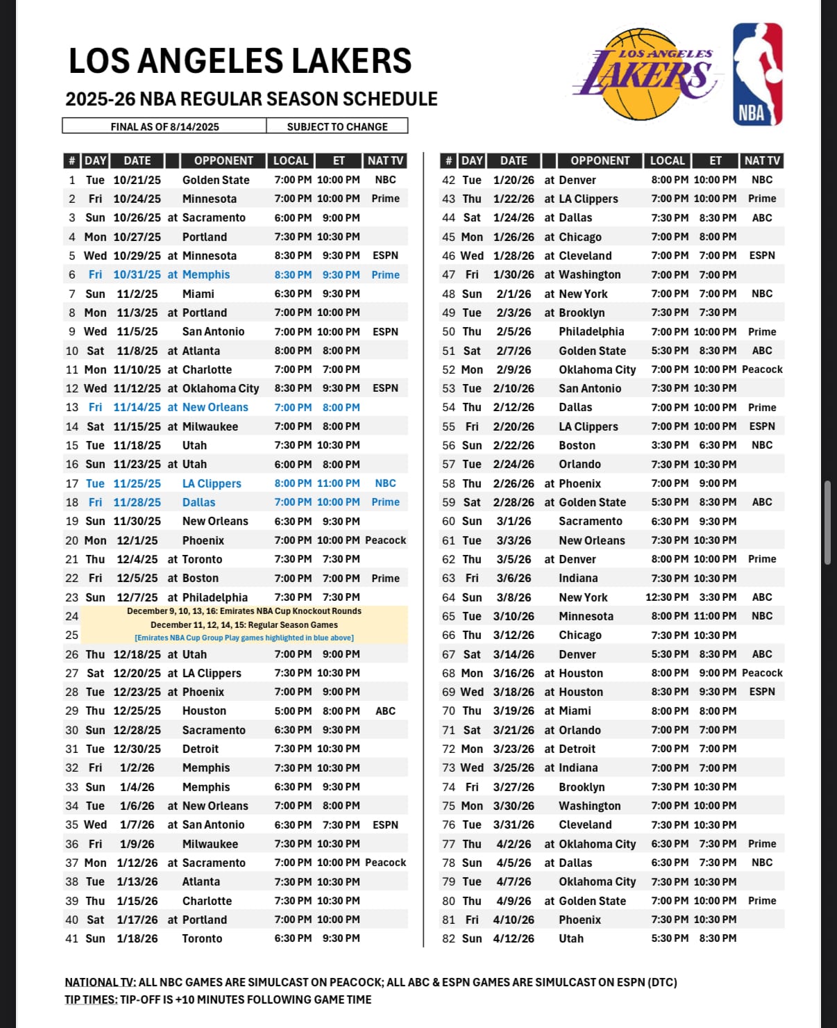 Lakers 2025 26 Regular Season Schedule Lakers 2025 26 Regular Season Schedule