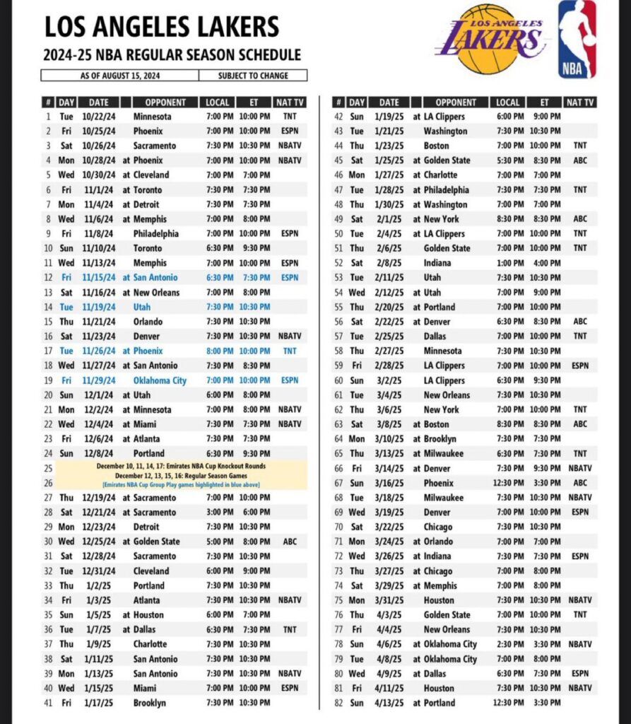 2024 2025 Los Angeles Lakers schedule