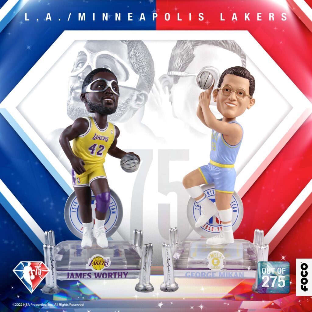 George Mikan, James Worthy, Lakers bobbleheads, FOCO NBA 75th anniversary George Mikan, James Worthy, Lakers bobbleheads, FOCO NBA 75th anniversary